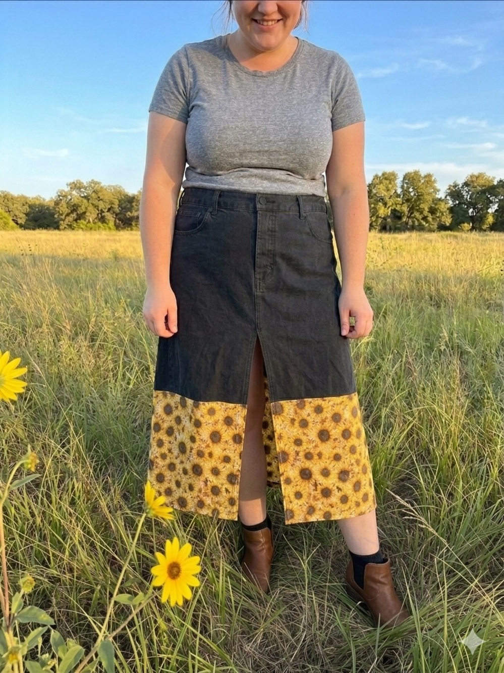 Upcycled Black Denim/Sunflower Open Front Skirt